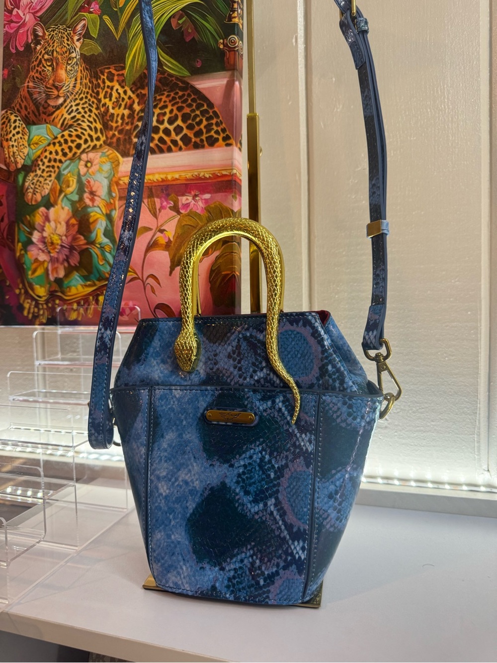 RARE Sharif Blue Snake-Print Bag Gold Snake Handles Like NEW - Make a Statement